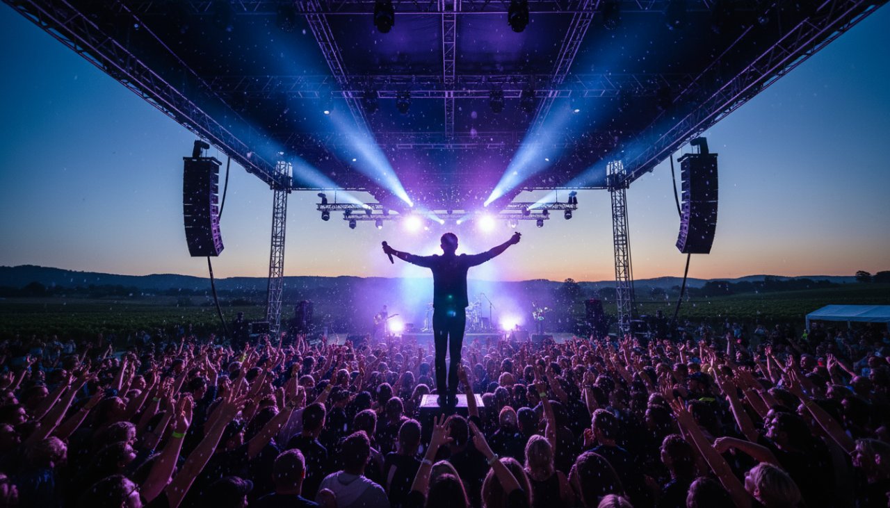 Dynamic wide shot of a band performing on stage at an outdoor Tarrawarra music festival, lights blazing, crowd cheering, perfectly illustrating Tarrawarra live music photography capturing unique energy.