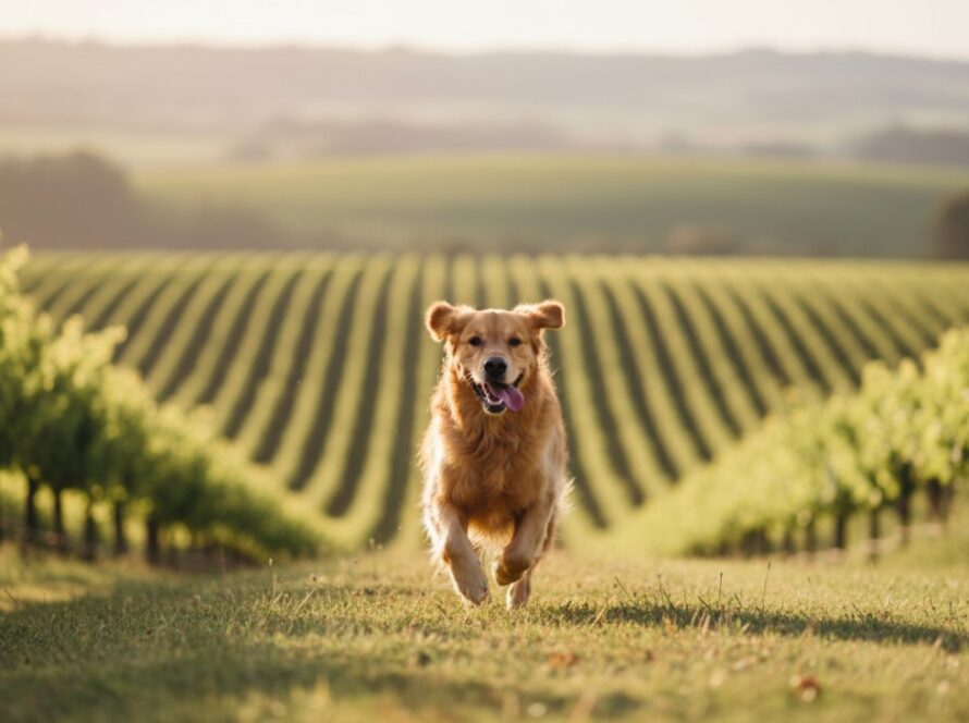 An energetic Golden Retriever mid-leap through golden sunlight, on a Tarrawarra vineyard hill, perfectly capturing your dog's joyful spirit in an epic pet photography moment.