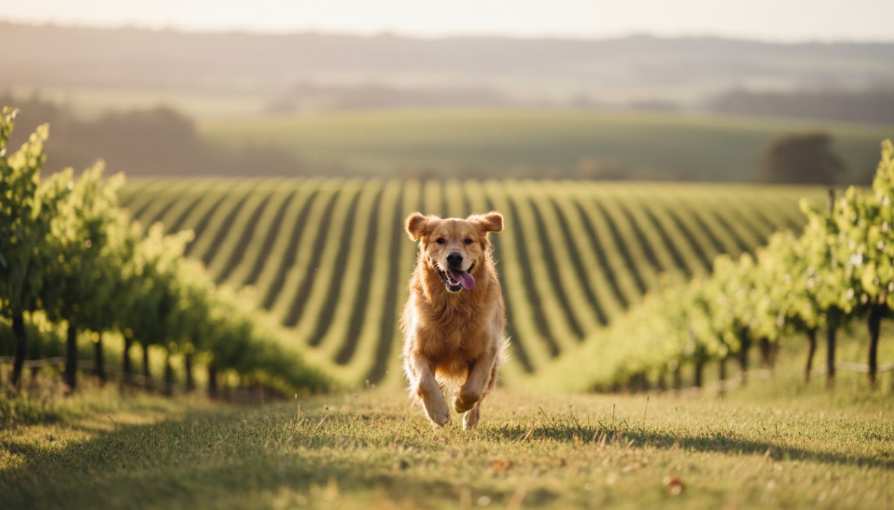 An energetic Golden Retriever mid-leap through golden sunlight, on a Tarrawarra vineyard hill, perfectly capturing your dog's joyful spirit in an epic pet photography moment.