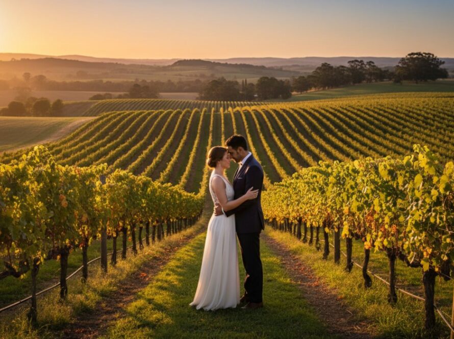 An engaged couple embraces passionately in a stunning Tarrawarra pre-wedding photoshoot, set against a backdrop of golden hour light illuminating the rustic Victorian charm of rolling vineyards and distant gum trees. The photograph captures an epic, cinematic moment of their deep connection.