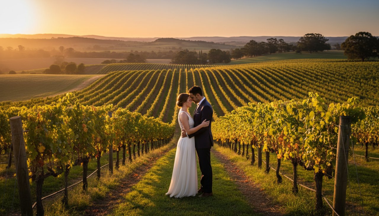 An engaged couple embraces passionately in a stunning Tarrawarra pre-wedding photoshoot, set against a backdrop of golden hour light illuminating the rustic Victorian charm of rolling vineyards and distant gum trees. The photograph captures an epic, cinematic moment of their deep connection.