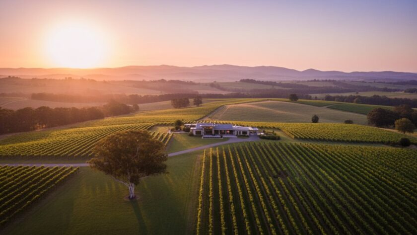 Dramatic aerial view showcasing a sprawling luxury vineyard estate in Tarrawarra at sunrise, with golden light illuminating the rows of grapevines and a grand homestead. This epic moment photograph embodies Tarrawarra premium real estate photography for stunning sales, highlighting the property's grandeur and setting.