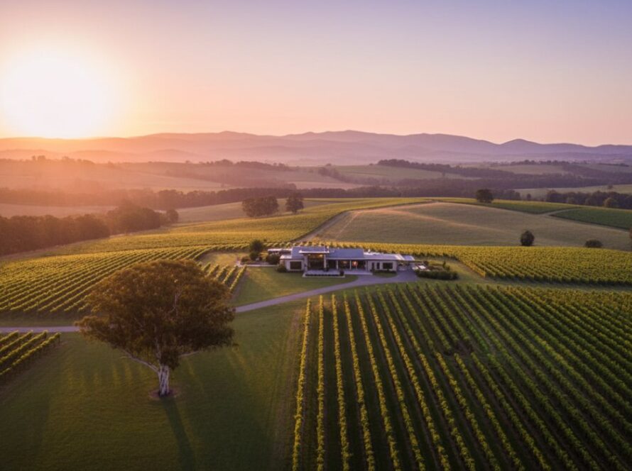 Dramatic aerial view showcasing a sprawling luxury vineyard estate in Tarrawarra at sunrise, with golden light illuminating the rows of grapevines and a grand homestead. This epic moment photograph embodies Tarrawarra premium real estate photography for stunning sales, highlighting the property's grandeur and setting.