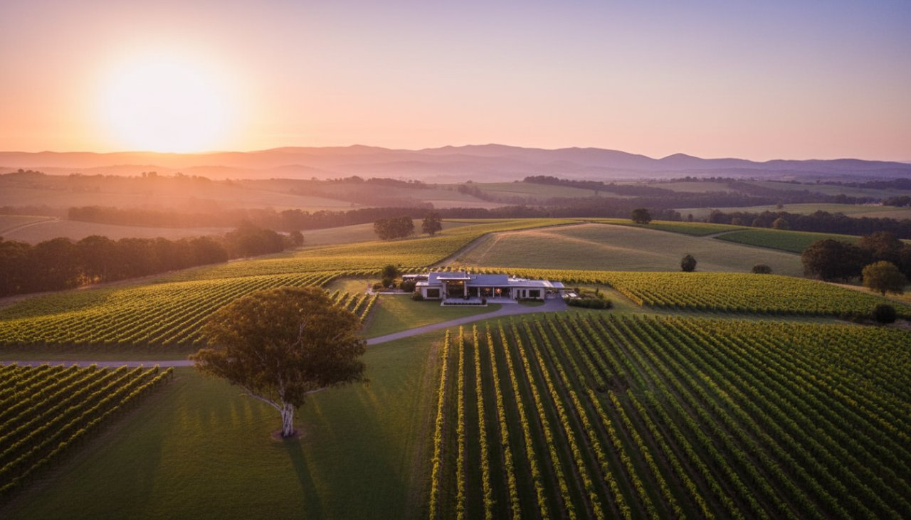 Dramatic aerial view showcasing a sprawling luxury vineyard estate in Tarrawarra at sunrise, with golden light illuminating the rows of grapevines and a grand homestead. This epic moment photograph embodies Tarrawarra premium real estate photography for stunning sales, highlighting the property's grandeur and setting.