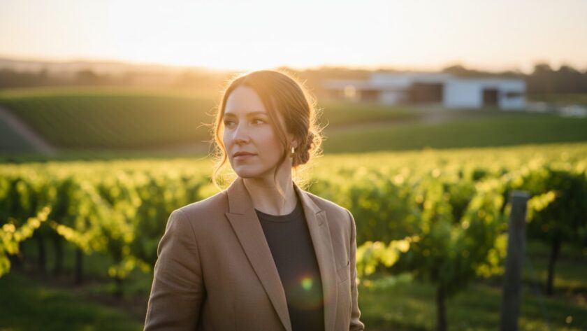 An inspiring Tarrawarra professional portrait photography for creatives session, capturing a thoughtful creative gazing out over the rolling Tarrawarra vineyards at golden hour, a sophisticated and cinematic portrayal of ambition.