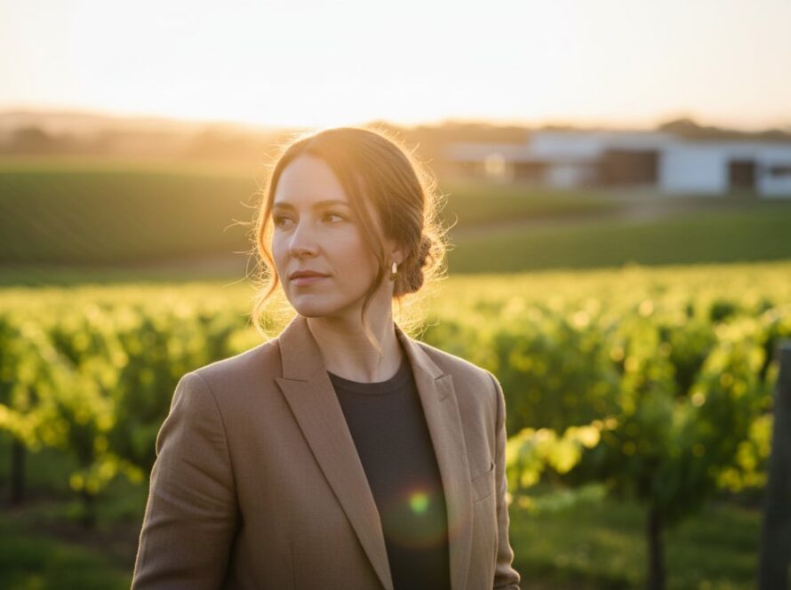 An inspiring Tarrawarra professional portrait photography for creatives session, capturing a thoughtful creative gazing out over the rolling Tarrawarra vineyards at golden hour, a sophisticated and cinematic portrayal of ambition.