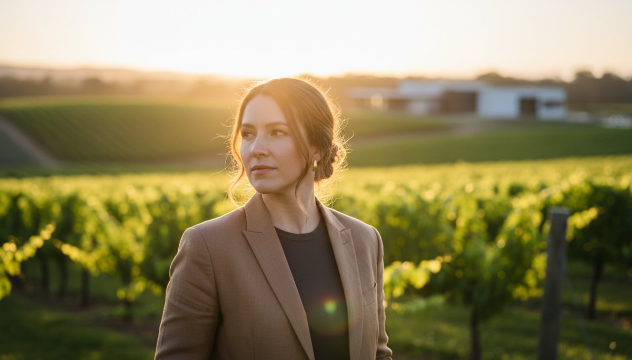 An inspiring Tarrawarra professional portrait photography for creatives session, capturing a thoughtful creative gazing out over the rolling Tarrawarra vineyards at golden hour, a sophisticated and cinematic portrayal of ambition.