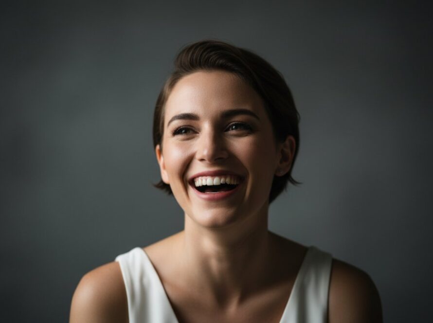A powerful, cinematic close-up of a subject in a Tarrawarra studio photography authentic portraits session, caught in an 'epic moment' of genuine laughter, with soft, dramatic lighting highlighting their expressive face against a muted background.