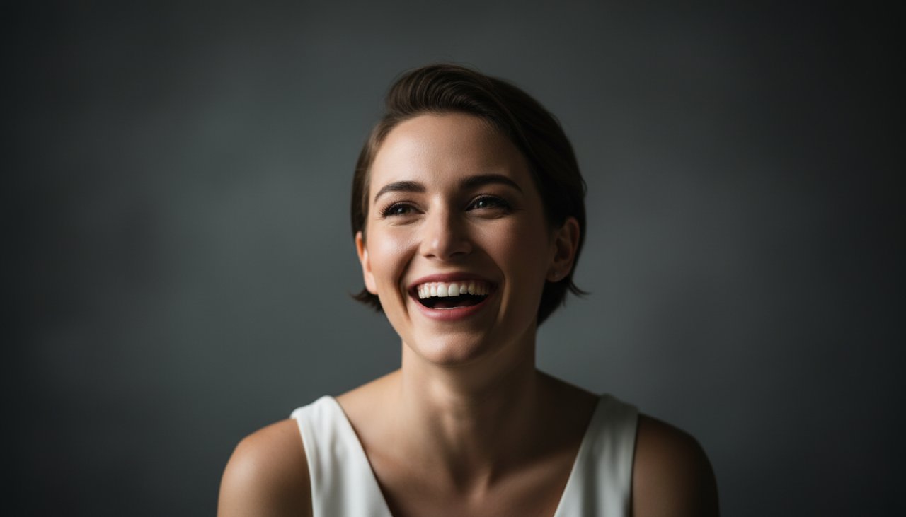 A powerful, cinematic close-up of a subject in a Tarrawarra studio photography authentic portraits session, caught in an 'epic moment' of genuine laughter, with soft, dramatic lighting highlighting their expressive face against a muted background.