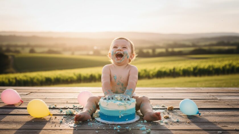 Epic moment photograph capturing a joyous one-year-old child covered in cake, laughing amidst colourful balloons and frosting during their Tarrawarra Victoria cake smash photography experience, bathed in golden hour light, with soft, rolling hills in the background.