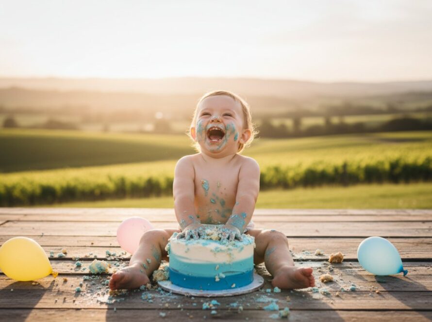 Epic moment photograph capturing a joyous one-year-old child covered in cake, laughing amidst colourful balloons and frosting during their Tarrawarra Victoria cake smash photography experience, bathed in golden hour light, with soft, rolling hills in the background.