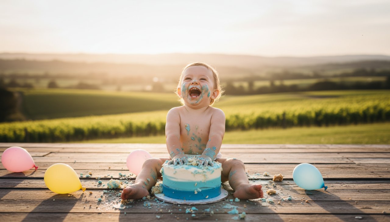 Epic moment photograph capturing a joyous one-year-old child covered in cake, laughing amidst colourful balloons and frosting during their Tarrawarra Victoria cake smash photography experience, bathed in golden hour light, with soft, rolling hills in the background.
