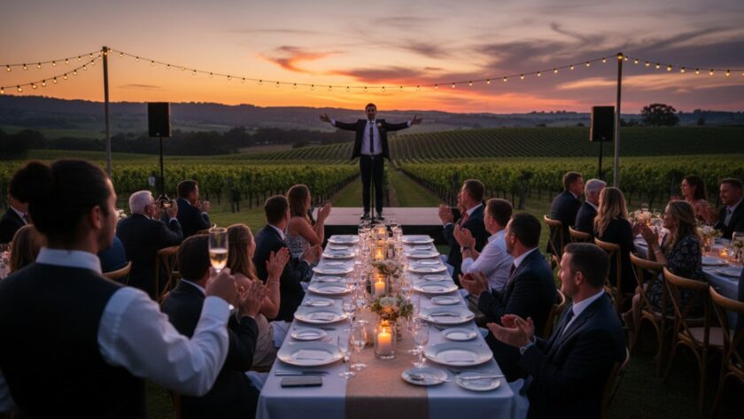 A breathtaking wide shot of an outdoor wedding reception at sunset in Tarrawarra, Victoria, with guests cheering as the couple shares a toast, perfectly encapsulating Tarrawarra Victoria event photography captures.
