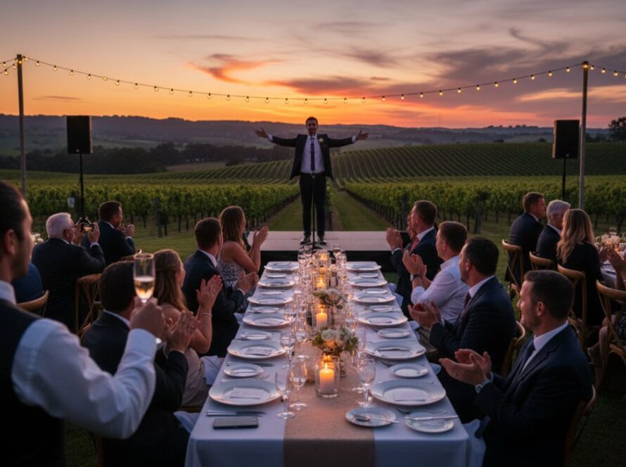 A breathtaking wide shot of an outdoor wedding reception at sunset in Tarrawarra, Victoria, with guests cheering as the couple shares a toast, perfectly encapsulating Tarrawarra Victoria event photography captures.