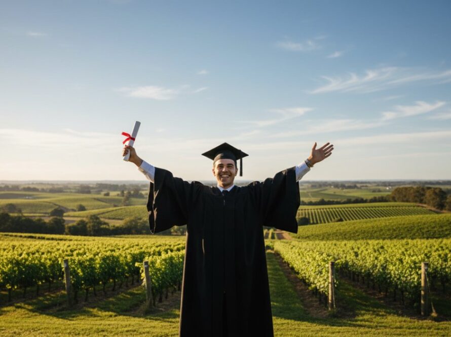 A jubilant graduate in a cap and gown, framed against the rolling vineyards of Tarrawarra, Victoria, celebrating their academic triumph, capturing Tarrawarra Victoria graduation photography unforgettable moments with a wide, heartfelt smile.