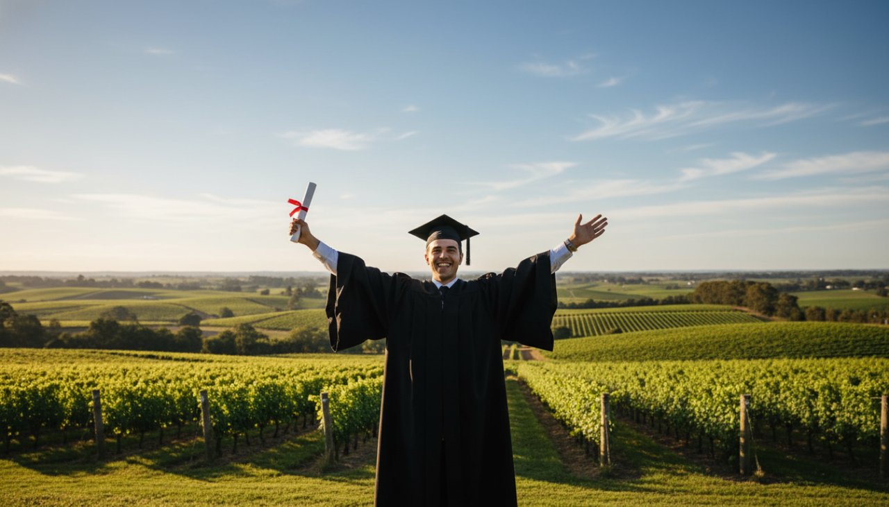 A jubilant graduate in a cap and gown, framed against the rolling vineyards of Tarrawarra, Victoria, celebrating their academic triumph, capturing Tarrawarra Victoria graduation photography unforgettable moments with a wide, heartfelt smile.