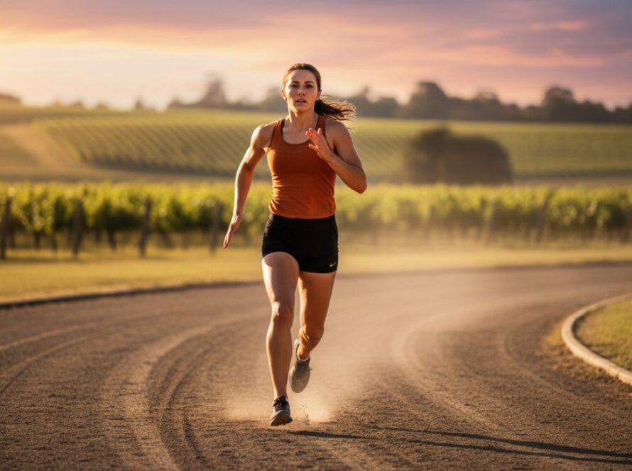 A powerful, perfectly timed Tarrawarra Victoria sports photography dynamic action shot, showing a footballer mid-air, scoring a spectacular goal against the backdrop of a vibrant sunset over the Tarrawarra vineyards, capturing pure triumph and athleticism.