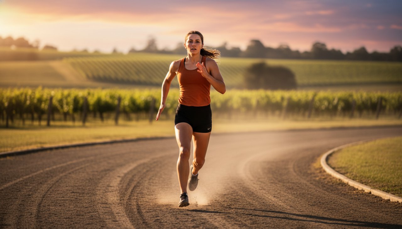 A powerful, perfectly timed Tarrawarra Victoria sports photography dynamic action shot, showing a footballer mid-air, scoring a spectacular goal against the backdrop of a vibrant sunset over the Tarrawarra vineyards, capturing pure triumph and athleticism.