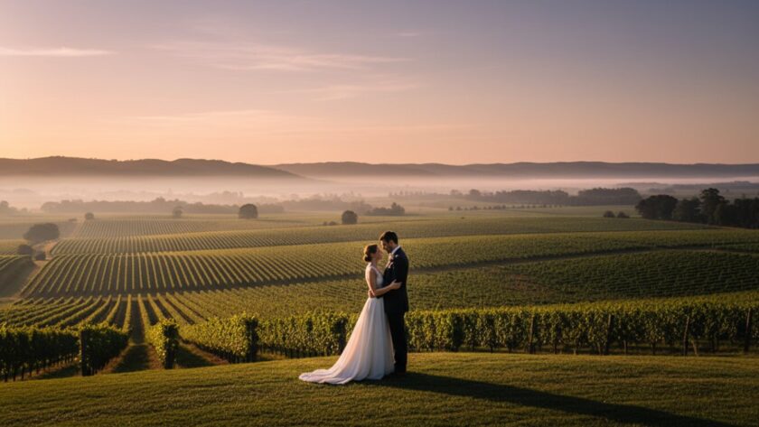 An epic moment of a couple embracing amidst a vibrant sunset over the rolling hills of a Tarrawarra vineyard, captured during a fine art photography session, with dramatic lighting and a painterly quality.