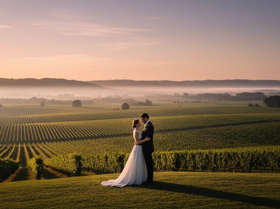An epic moment of a couple embracing amidst a vibrant sunset over the rolling hills of a Tarrawarra vineyard, captured during a fine art photography session, with dramatic lighting and a painterly quality.