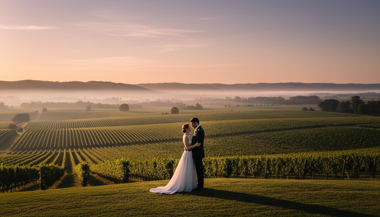 An epic moment of a couple embracing amidst a vibrant sunset over the rolling hills of a Tarrawarra vineyard, captured during a fine art photography session, with dramatic lighting and a painterly quality.
