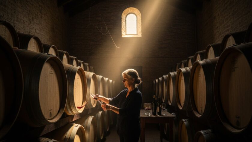 Dynamic wide-angle shot showcasing Tarrawarra winery commercial photography branding, featuring a master winemaker in a dramatic barrel hall, bathed in golden light, evoking a sense of craft and heritage.