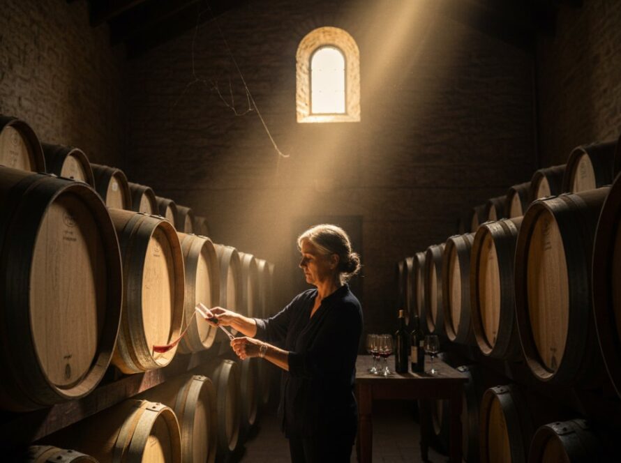 Dynamic wide-angle shot showcasing Tarrawarra winery commercial photography branding, featuring a master winemaker in a dramatic barrel hall, bathed in golden light, evoking a sense of craft and heritage.
