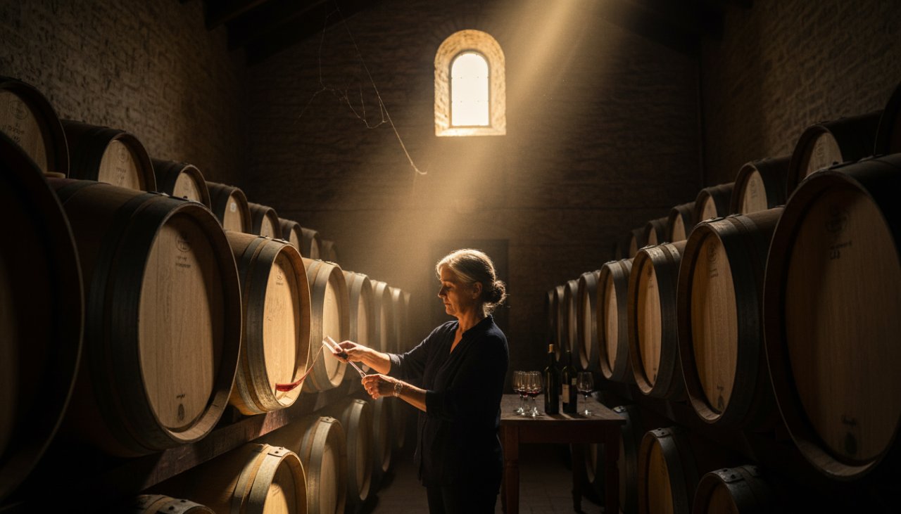 Dynamic wide-angle shot showcasing Tarrawarra winery commercial photography branding, featuring a master winemaker in a dramatic barrel hall, bathed in golden light, evoking a sense of craft and heritage.