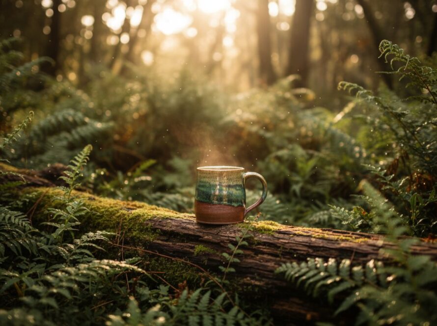 An epic moment of Tecoma artisanal product photography excellence, showcasing a handcrafted ceramic mug with a unique glaze, beautifully lit by golden hour sun amidst a mossy Dandenong Ranges fern forest.