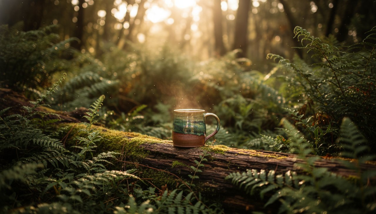 An epic moment of Tecoma artisanal product photography excellence, showcasing a handcrafted ceramic mug with a unique glaze, beautifully lit by golden hour sun amidst a mossy Dandenong Ranges fern forest.