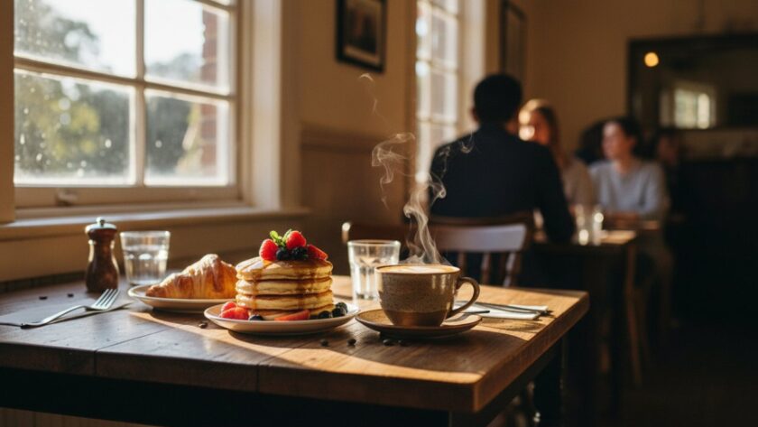A vibrant, close-up shot of a beautifully styled artisanal brunch spread, featuring fresh pastries, local produce, and steaming coffee on a rustic wooden table in a sunlit Tecoma café, highlighting expert Tecoma café menu photography for local eateries.