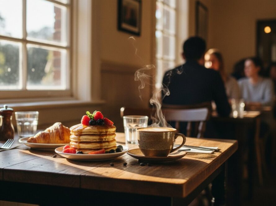 A vibrant, close-up shot of a beautifully styled artisanal brunch spread, featuring fresh pastries, local produce, and steaming coffee on a rustic wooden table in a sunlit Tecoma café, highlighting expert Tecoma café menu photography for local eateries.