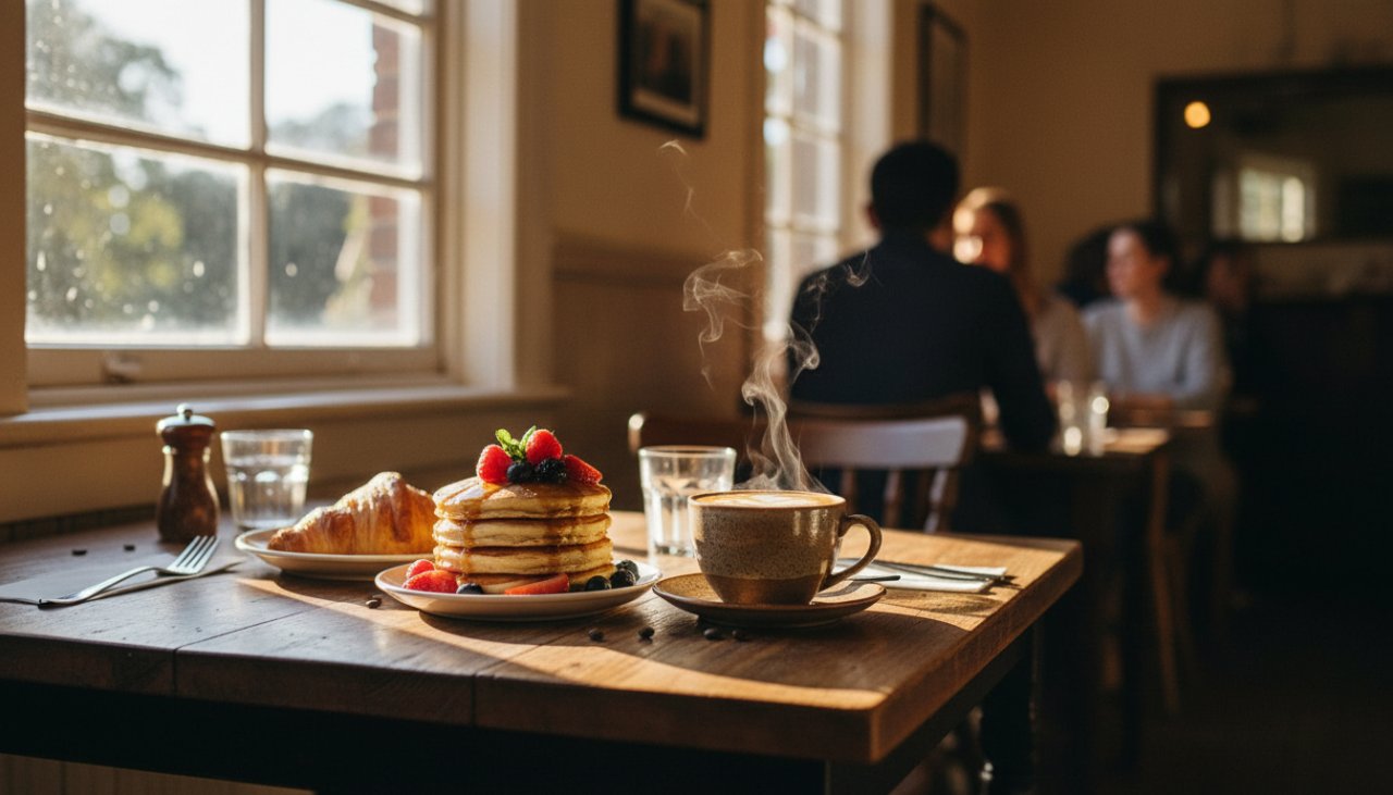 A vibrant, close-up shot of a beautifully styled artisanal brunch spread, featuring fresh pastries, local produce, and steaming coffee on a rustic wooden table in a sunlit Tecoma café, highlighting expert Tecoma café menu photography for local eateries.
