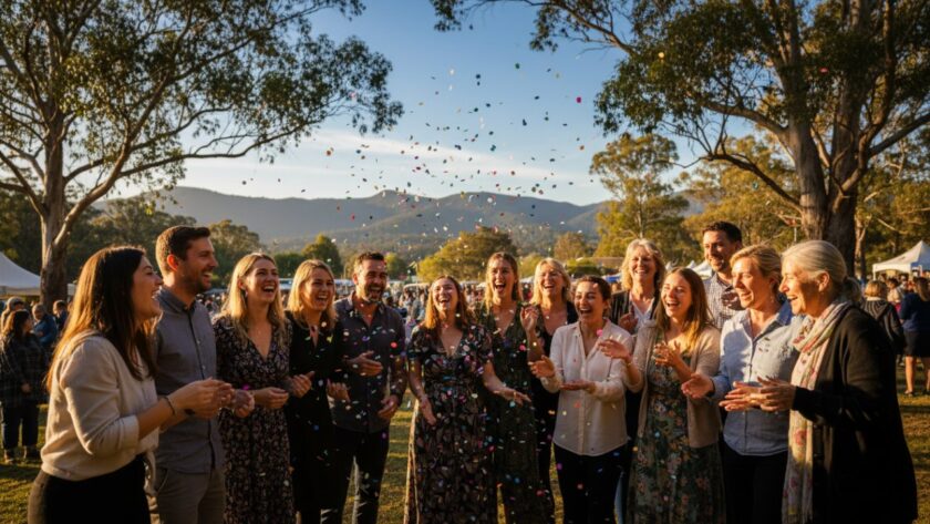 A vibrant, candid photograph capturing a group of friends laughing heartily at an outdoor community event in Tecoma, Victoria, with the Dandenong Ranges visible in the soft, golden hour light. The shot embodies Tecoma candid event photography capturing authentic joy.