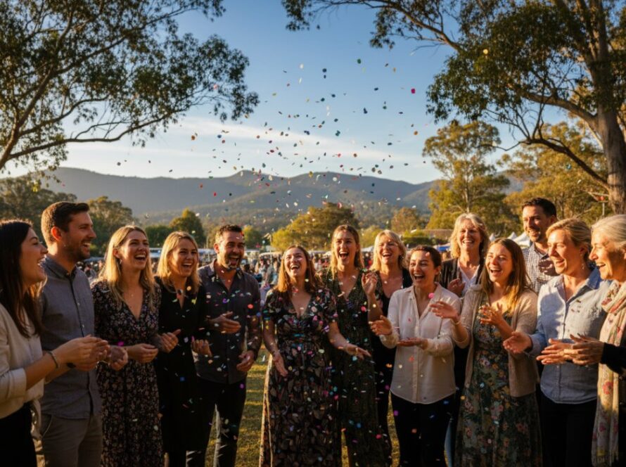 A vibrant, candid photograph capturing a group of friends laughing heartily at an outdoor community event in Tecoma, Victoria, with the Dandenong Ranges visible in the soft, golden hour light. The shot embodies Tecoma candid event photography capturing authentic joy.