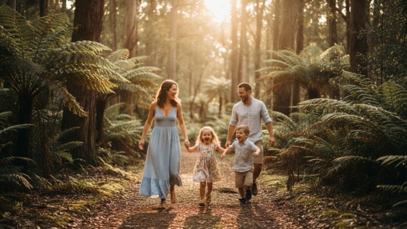 An emotional and beautiful Tecoma candid photography capturing genuine family connections moment, featuring a family laughing joyfully amidst the dappled sunlight of the Sherbrooke Forest, showcasing their authentic bond in Tecoma, Victoria.