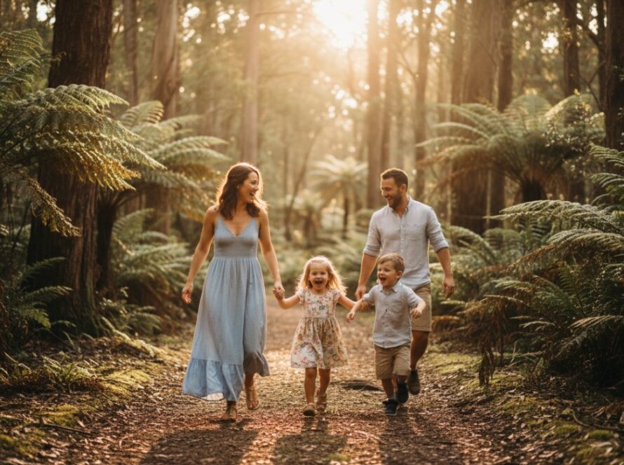 An emotional and beautiful Tecoma candid photography capturing genuine family connections moment, featuring a family laughing joyfully amidst the dappled sunlight of the Sherbrooke Forest, showcasing their authentic bond in Tecoma, Victoria.