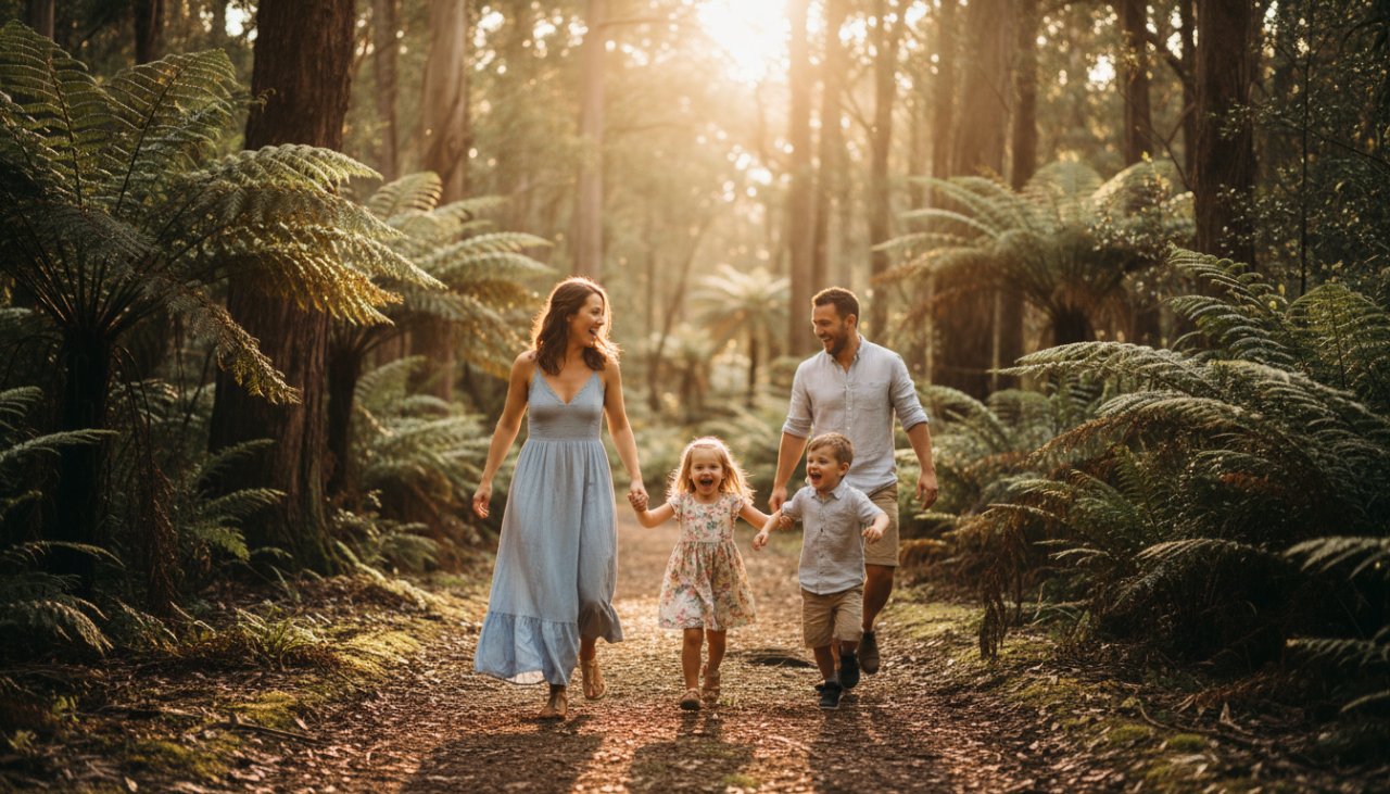 An emotional and beautiful Tecoma candid photography capturing genuine family connections moment, featuring a family laughing joyfully amidst the dappled sunlight of the Sherbrooke Forest, showcasing their authentic bond in Tecoma, Victoria.
