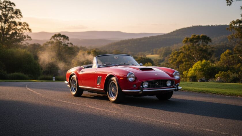 An epic moment captured in Tecoma Classic Car Photography Glimpse, showing a gleaming, cherry-red vintage sports car parked at sunset with the Dandenong Ranges in the background, steam subtly rising from the engine after a drive, golden hour light illuminating its curves.