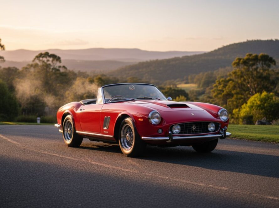 An epic moment captured in Tecoma Classic Car Photography Glimpse, showing a gleaming, cherry-red vintage sports car parked at sunset with the Dandenong Ranges in the background, steam subtly rising from the engine after a drive, golden hour light illuminating its curves.