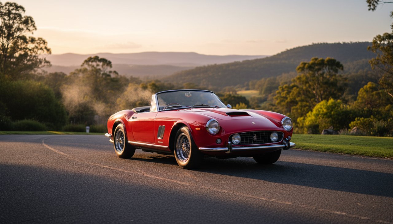 An epic moment captured in Tecoma Classic Car Photography Glimpse, showing a gleaming, cherry-red vintage sports car parked at sunset with the Dandenong Ranges in the background, steam subtly rising from the engine after a drive, golden hour light illuminating its curves.