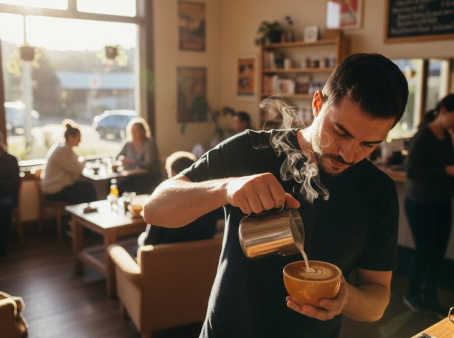 Vibrant Tecoma Commercial Photography for Local Brands capturing a bustling cafe scene, a barista expertly crafting a latte with steam rising, customers smiling in the background. Dynamic, authentic, high-impact.