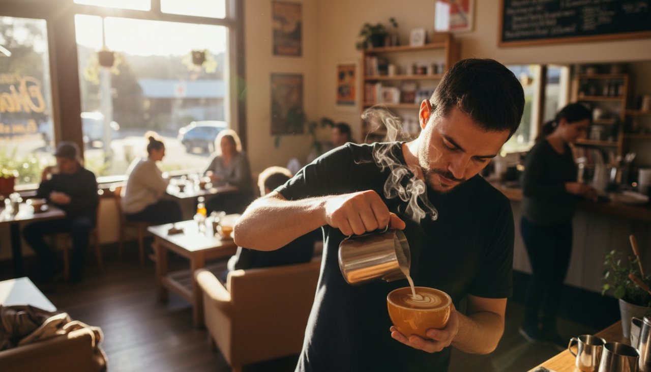 Vibrant Tecoma Commercial Photography for Local Brands capturing a bustling cafe scene, a barista expertly crafting a latte with steam rising, customers smiling in the background. Dynamic, authentic, high-impact.