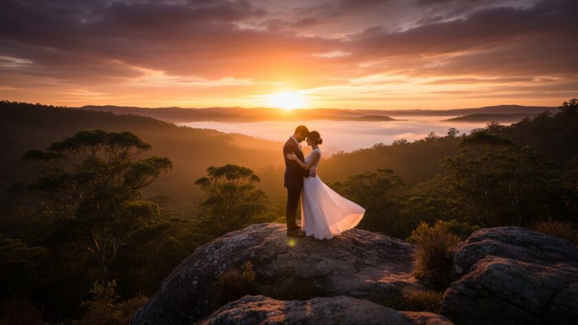 An engaged couple laughing joyfully amidst the lush greenery of Tecoma, Dandenong Ranges, with soft morning light filtering through the eucalypt trees, capturing their Tecoma Dandenong Ranges pre-wedding photography adventure in an epic, romantic moment.
