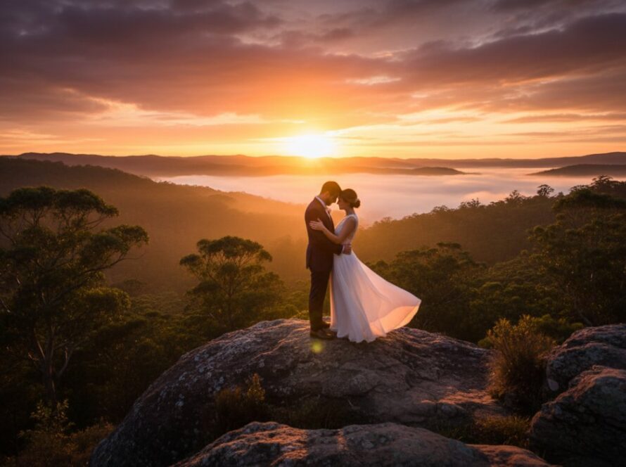 An engaged couple laughing joyfully amidst the lush greenery of Tecoma, Dandenong Ranges, with soft morning light filtering through the eucalypt trees, capturing their Tecoma Dandenong Ranges pre-wedding photography adventure in an epic, romantic moment.