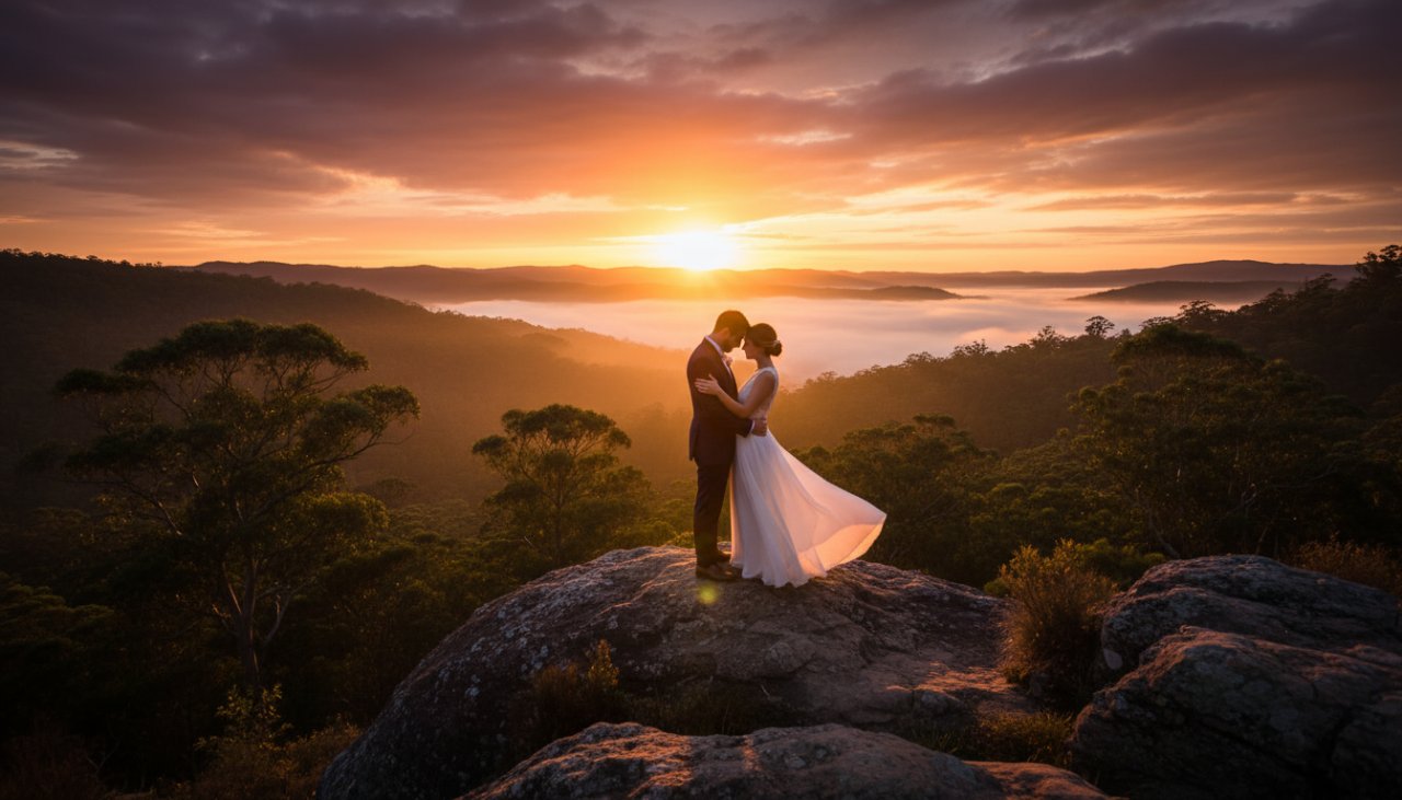 An engaged couple laughing joyfully amidst the lush greenery of Tecoma, Dandenong Ranges, with soft morning light filtering through the eucalypt trees, capturing their Tecoma Dandenong Ranges pre-wedding photography adventure in an epic, romantic moment.