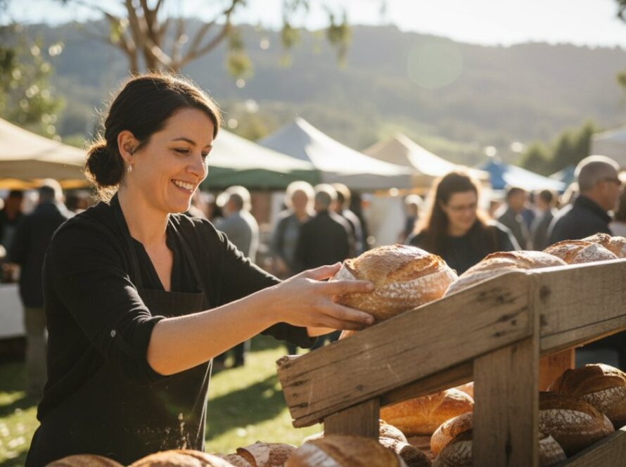 A stunning editorial photograph capturing an epic moment of a local artisan passionately crafting pottery at a vibrant community market in Tecoma, Dandenong Ranges, bathed in warm, natural afternoon light, showcasing the authentic local narrative of creativity.