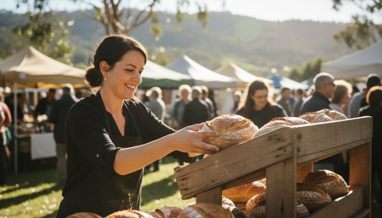 A stunning editorial photograph capturing an epic moment of a local artisan passionately crafting pottery at a vibrant community market in Tecoma, Dandenong Ranges, bathed in warm, natural afternoon light, showcasing the authentic local narrative of creativity.