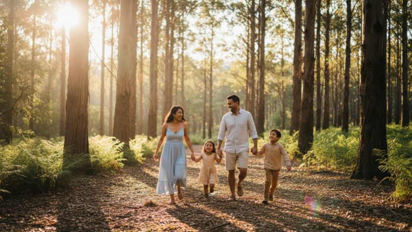 An emotional wide shot capturing a Tecoma family photography capturing genuine moments, parents embracing their laughing children amidst the dappled sunlight of a lush Tecoma park, a true epic moment of joy and connection.