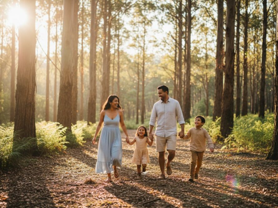 An emotional wide shot capturing a Tecoma family photography capturing genuine moments, parents embracing their laughing children amidst the dappled sunlight of a lush Tecoma park, a true epic moment of joy and connection.